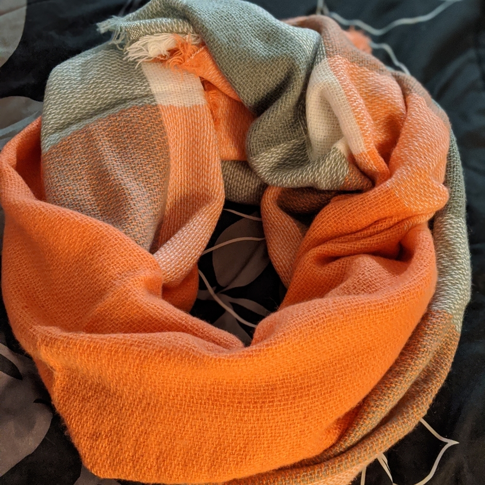 Gray and orange scarf with matching earrings